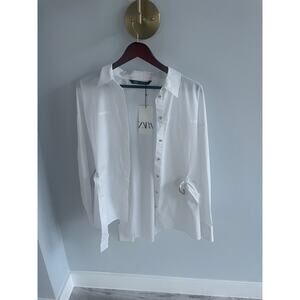Zara gold button white long sleeve collar button down with belt NWT